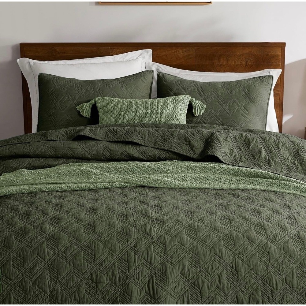 WDCOZY Queen Quilt Set 100% Cotton Olive Green Geometric 3 Piece Soft Bedding